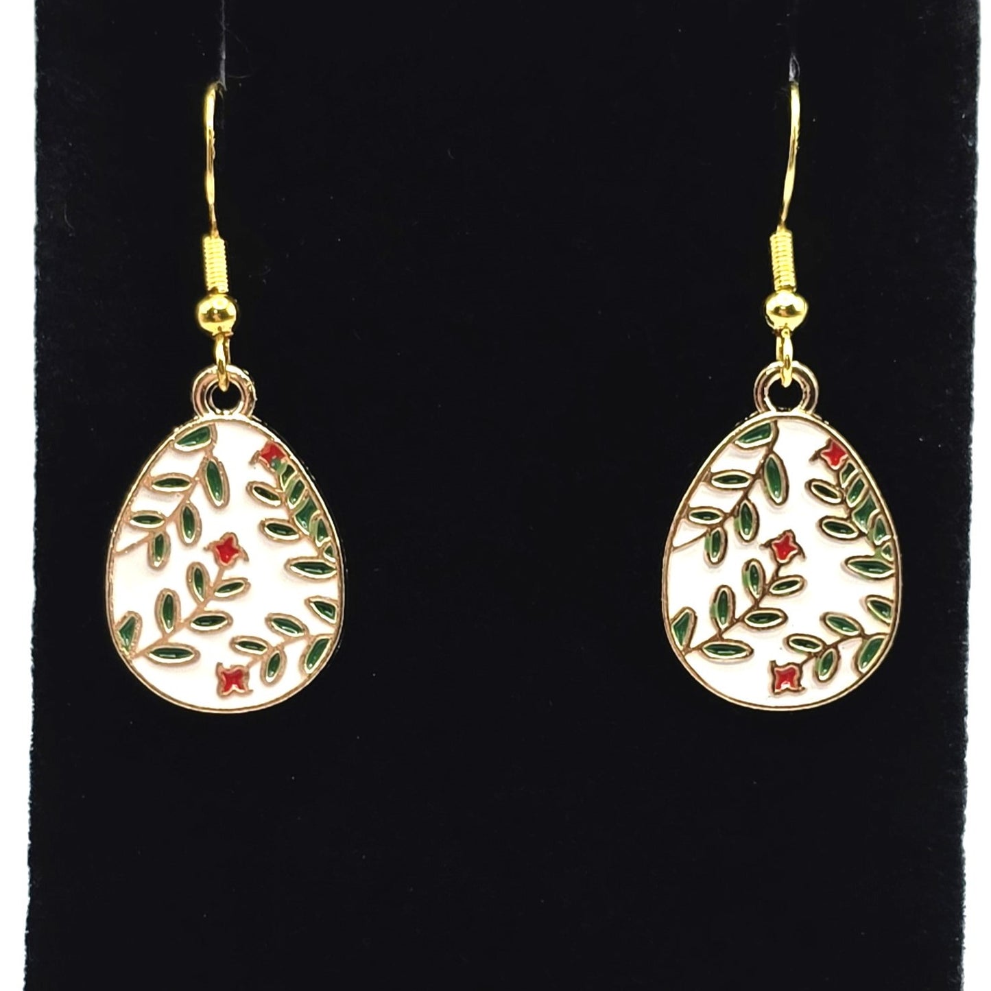 White Egg with Greenery and Red Flowers Earrings