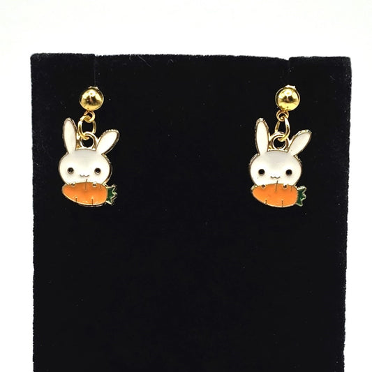 Cute Little Bunny Face with Carrot Easter Earrings