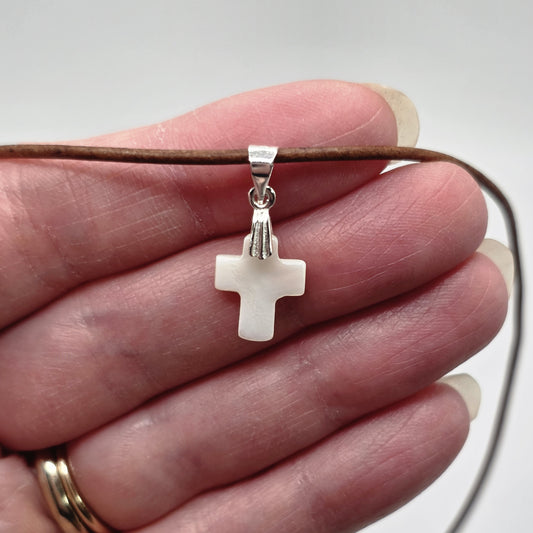 Mother of Pearl Cross with Silver on a Leather Cord