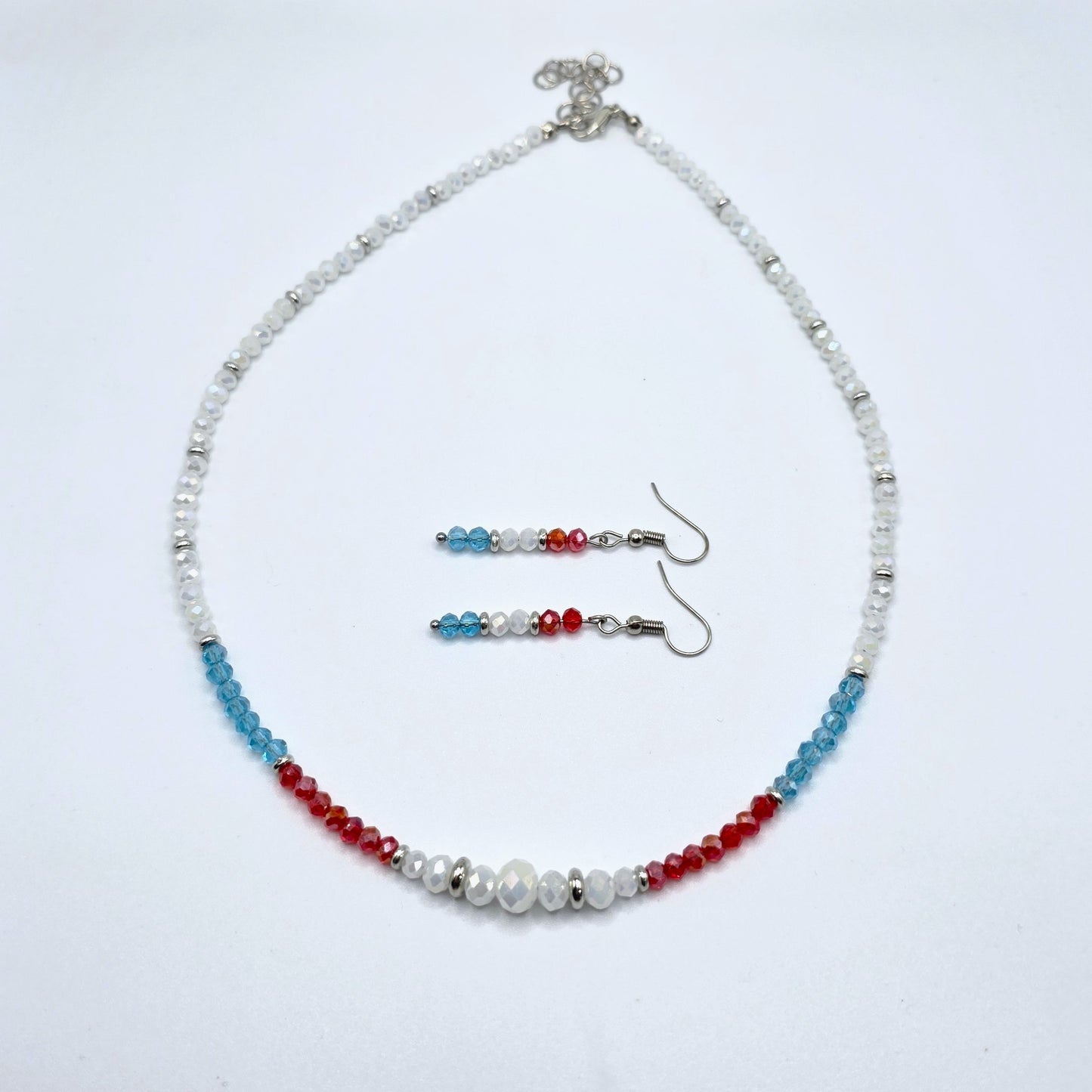 Red, White, and Blue 4mm Crystal Beaded USA Necklace and Earring Set
