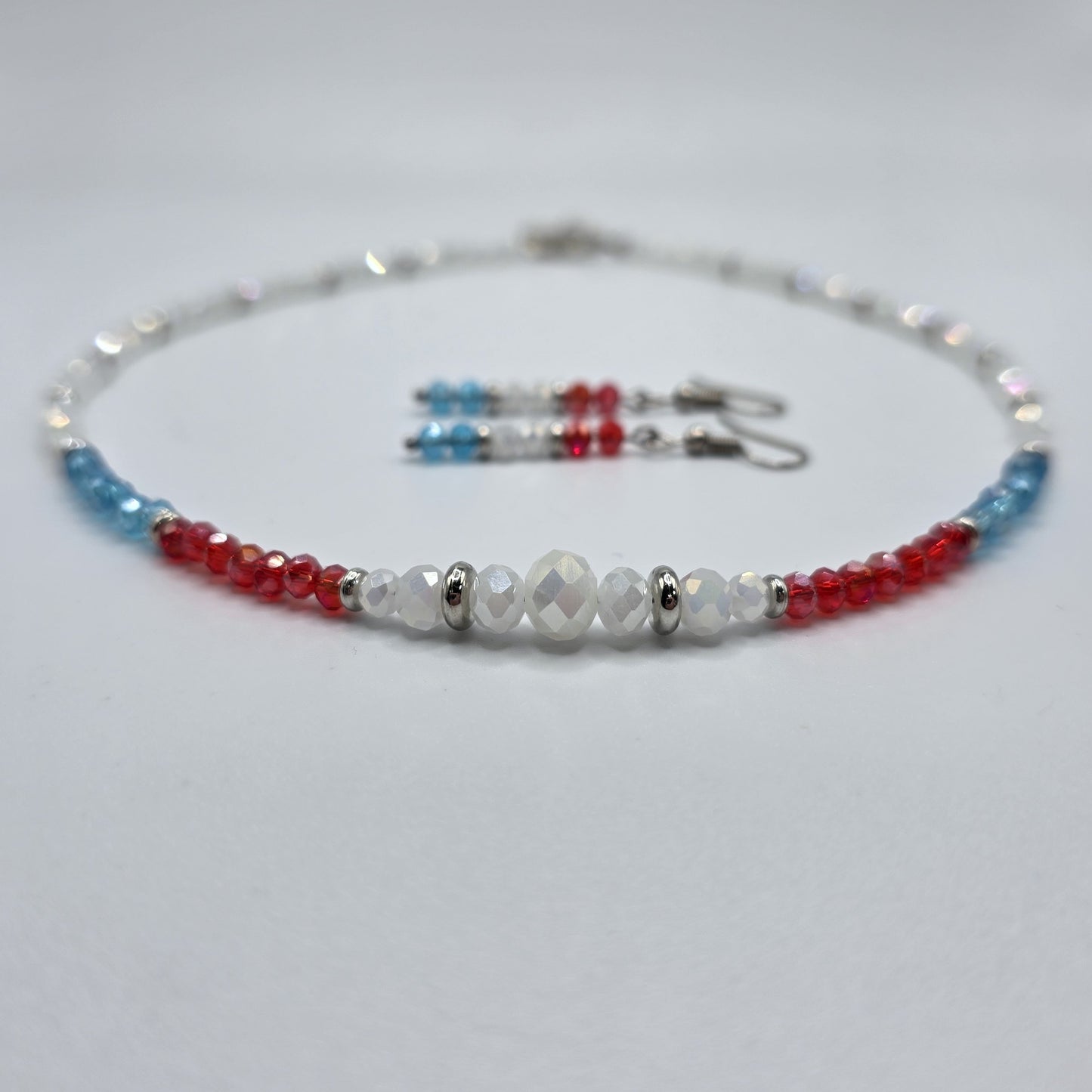 Red, White, and Blue 4mm Crystal Beaded USA Necklace and Earring Set
