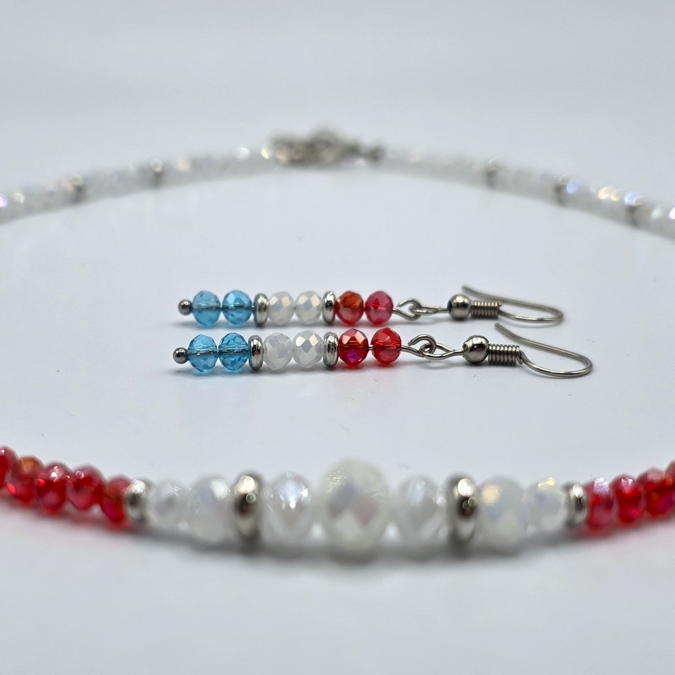 Red, White, and Blue 4mm Crystal Beaded USA Necklace and Earring Set
