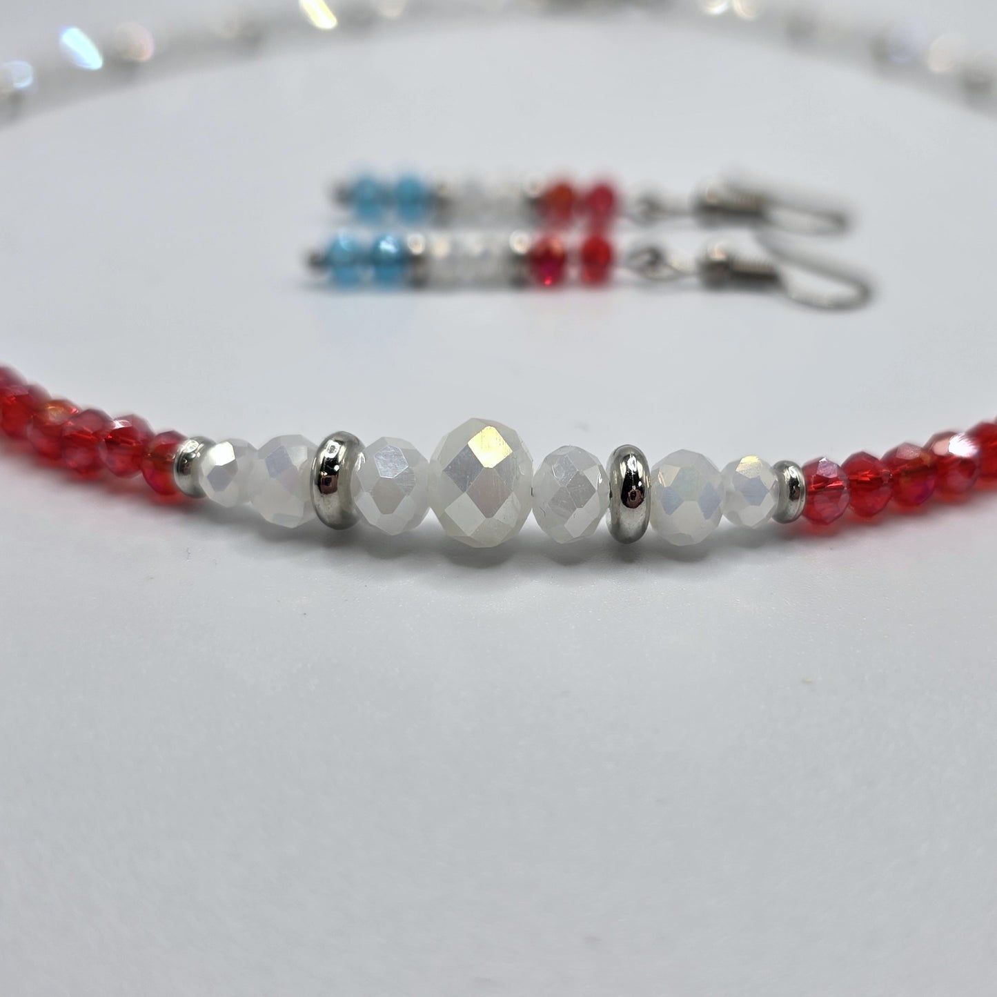 Red, White, and Blue 4mm Crystal Beaded USA Necklace and Earring Set