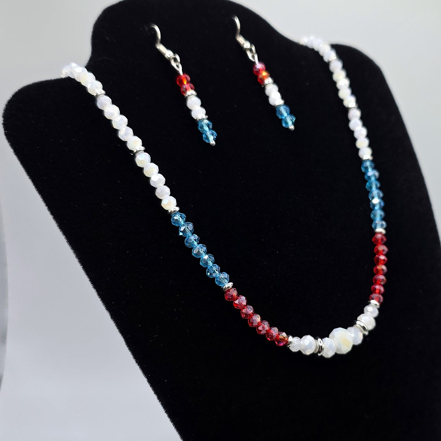 Red, White, and Blue 4mm Crystal Beaded USA Necklace and Earring Set
