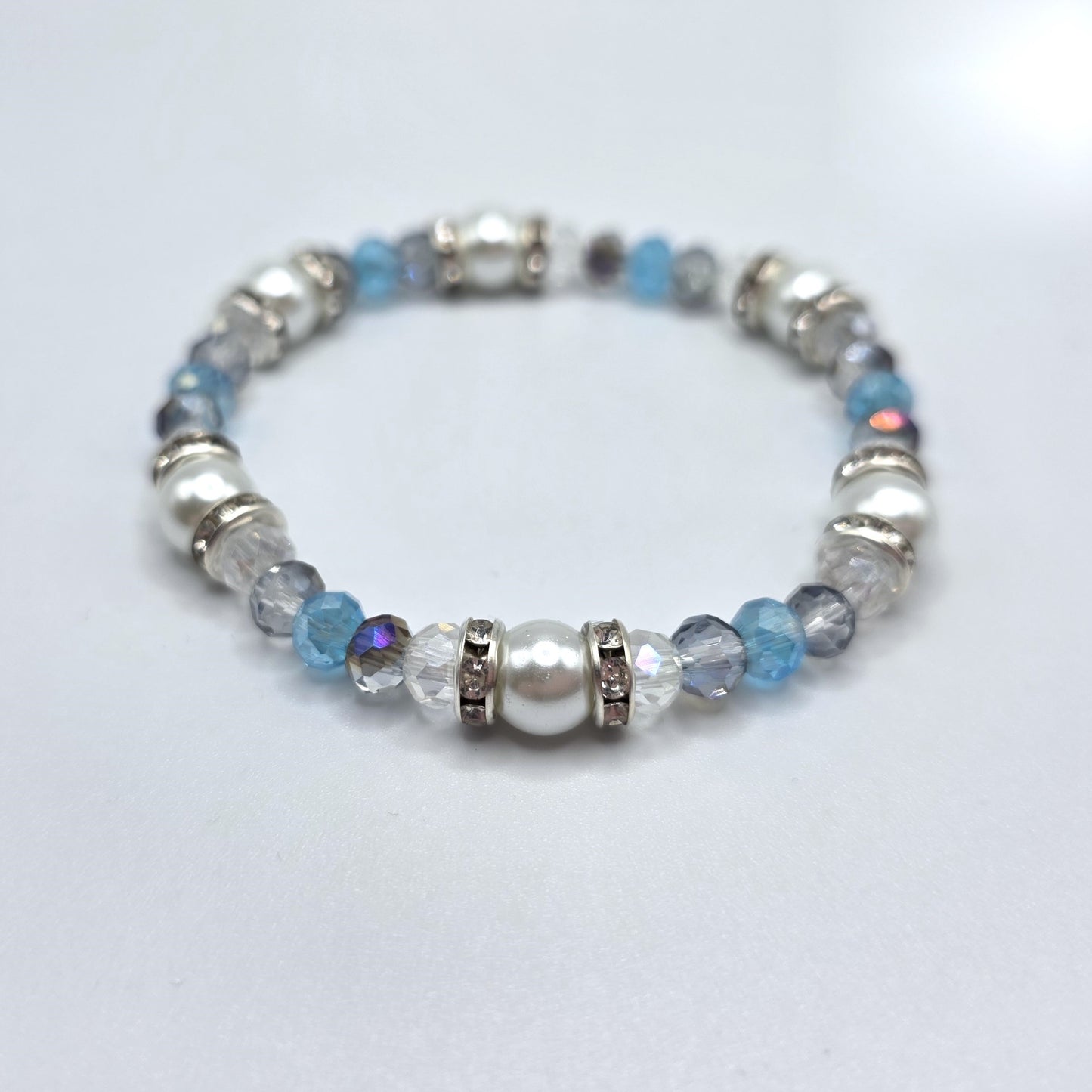 Aquamarine Crystal and White Glass Pearl Stretch Bracelet