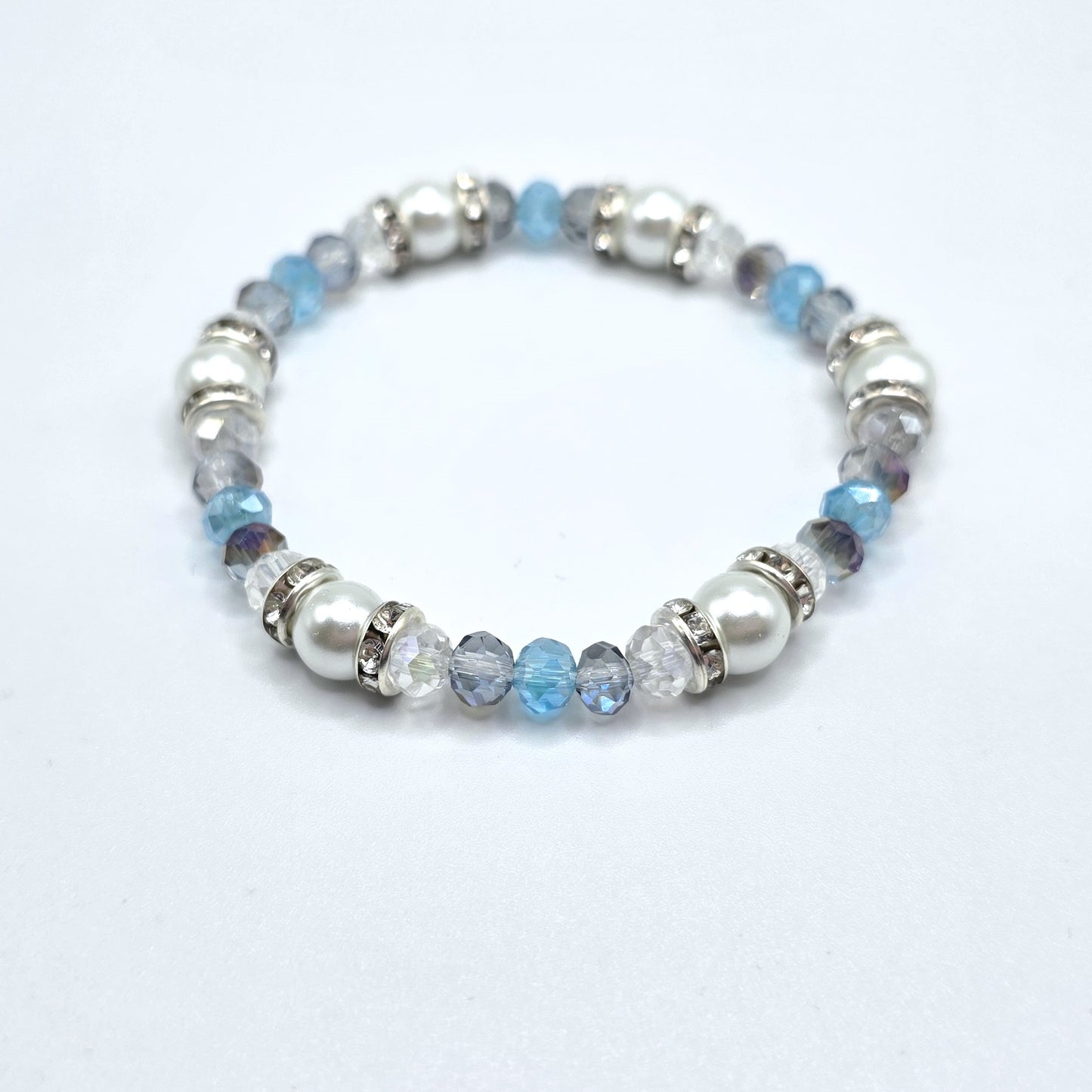 Aquamarine Crystal and White Glass Pearl Stretch Bracelet