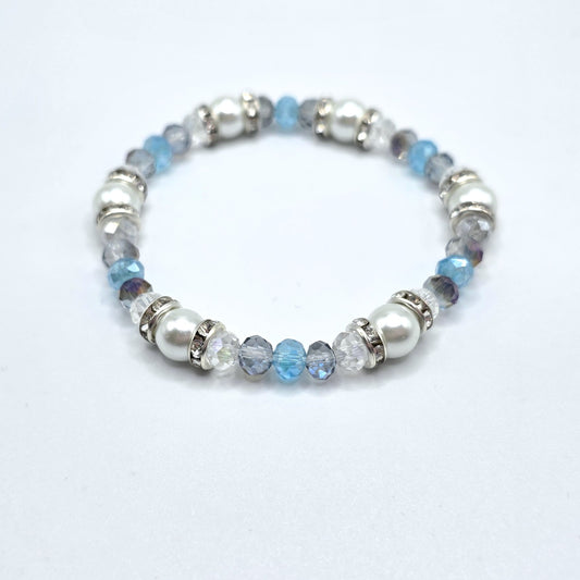 Aquamarine Crystal and White Glass Pearl Stretch Bracelet