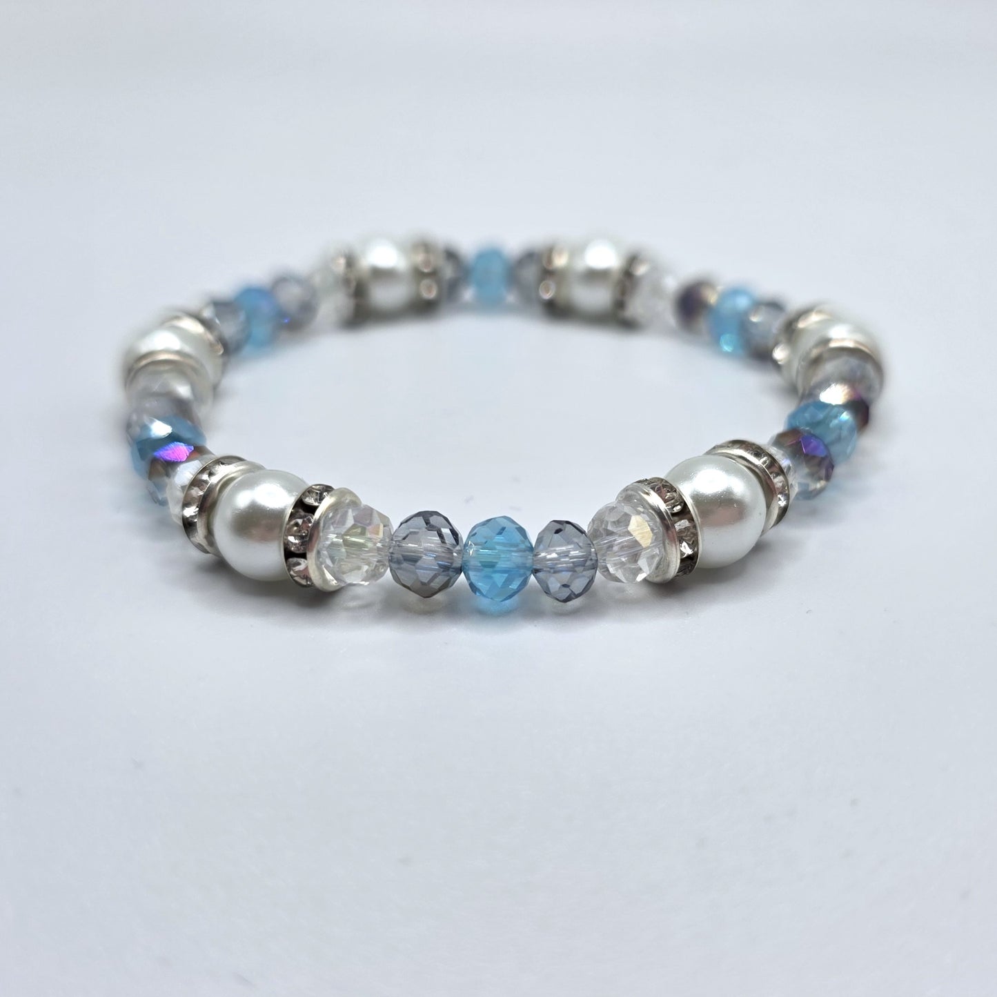 Aquamarine Crystal and White Glass Pearl Stretch Bracelet