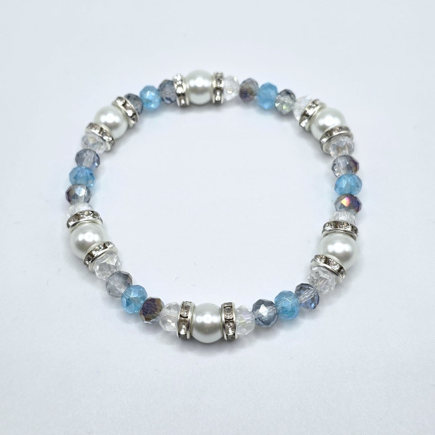 Aquamarine Crystal and White Glass Pearl Stretch Bracelet