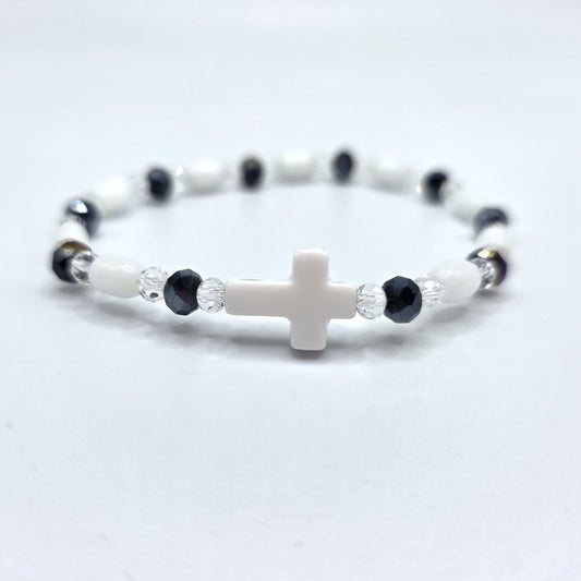 White Cross Crystal and Cat's Eye Glass Black and White Stretch Bracelet
