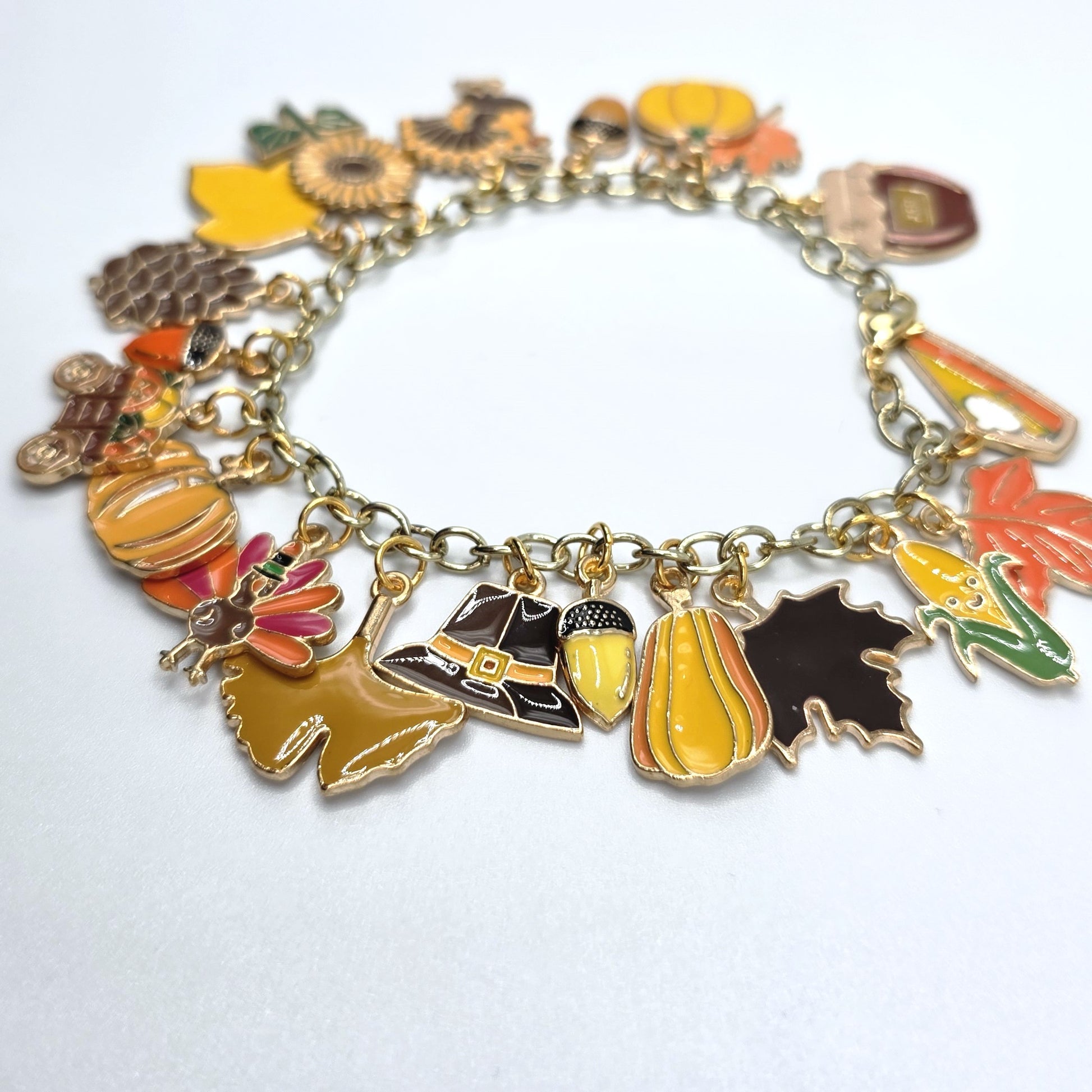 Charms on a bracelet with a white background