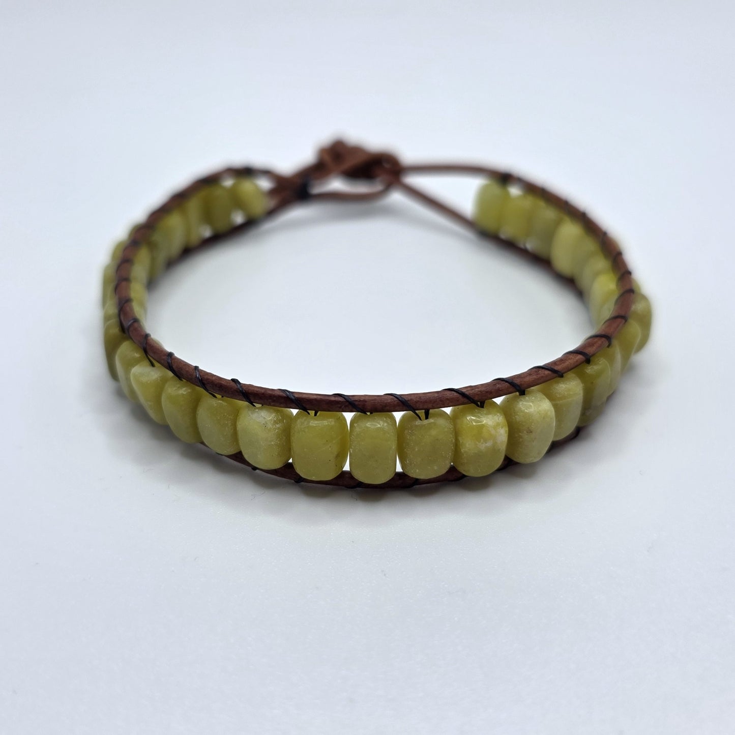 Olive New Jade Serpentine Stone Fidget Leather Wrap Bracelet