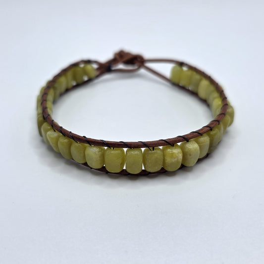 Olive New Jade Serpentine Stone Fidget Leather Wrap Bracelet