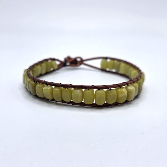 Olive New Jade Serpentine Stone Fidget Leather Wrap Bracelet