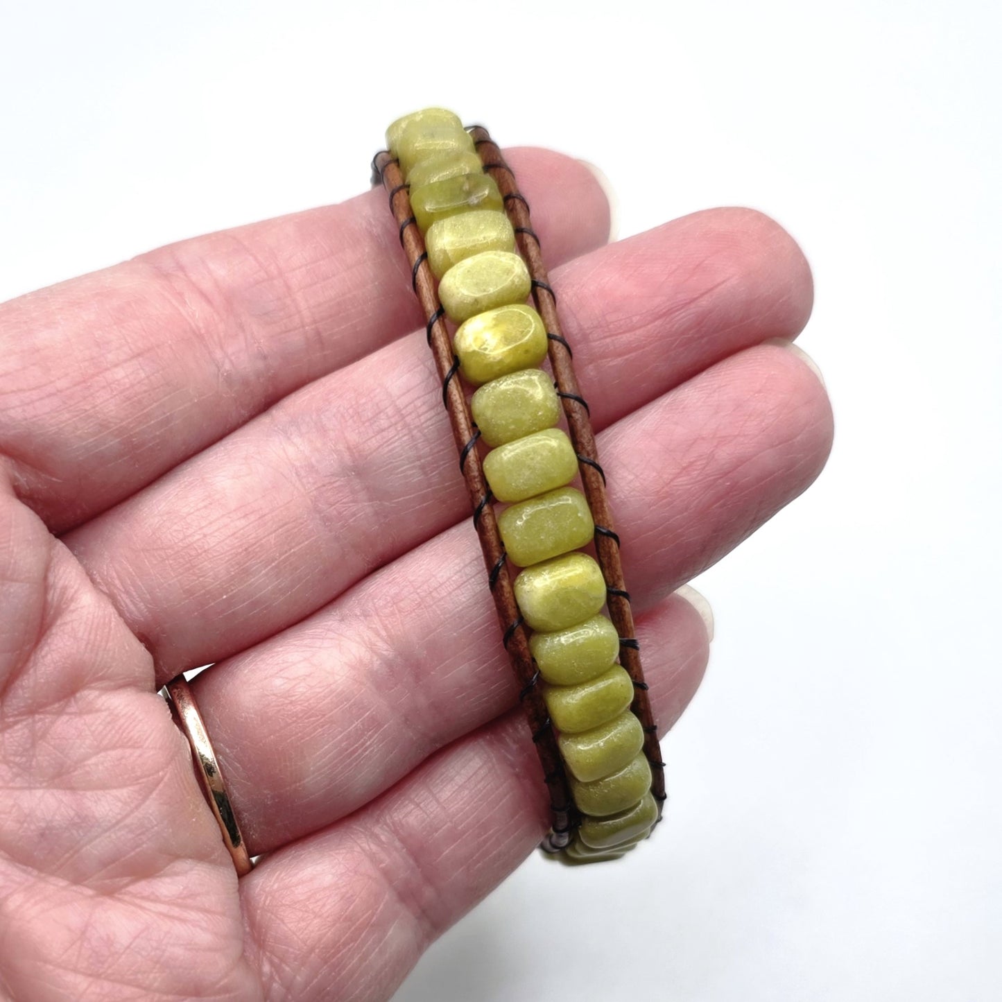 Olive New Jade Serpentine Stone Fidget Leather Wrap Bracelet