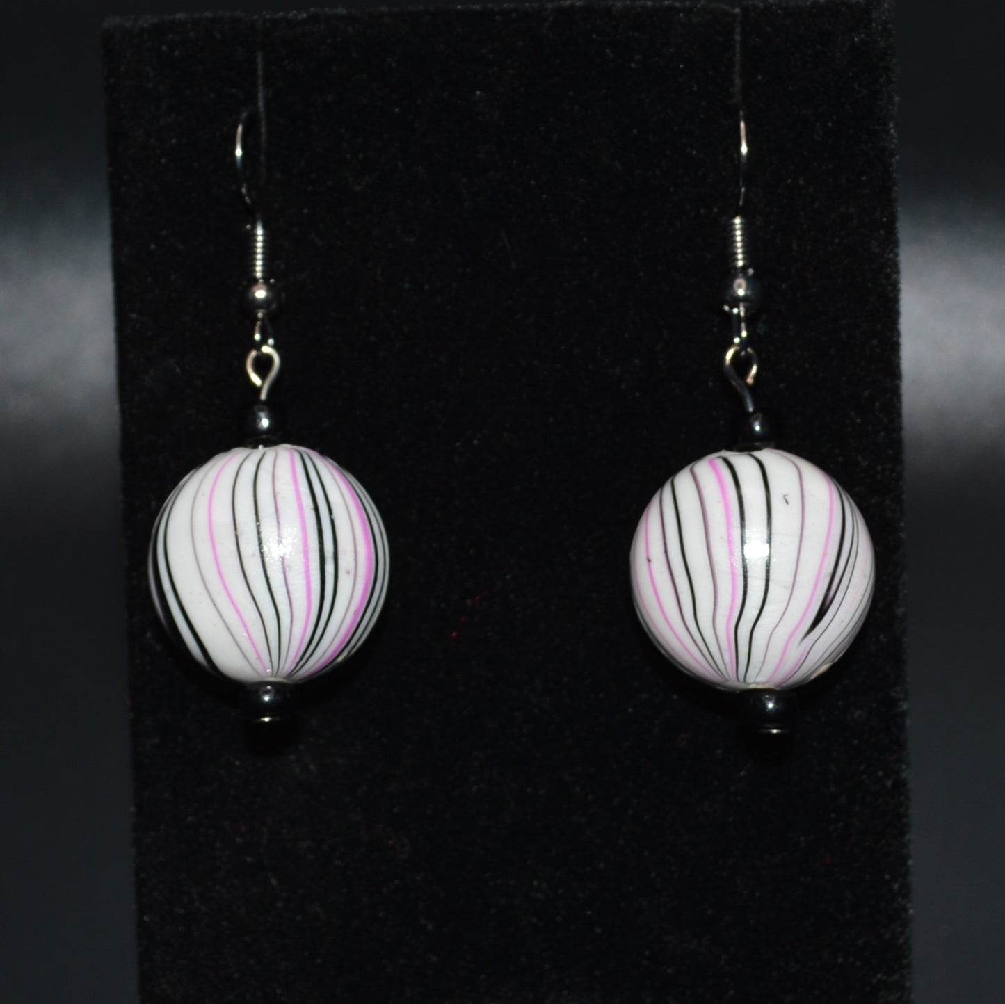 White, Pink and Black Striped Earrings