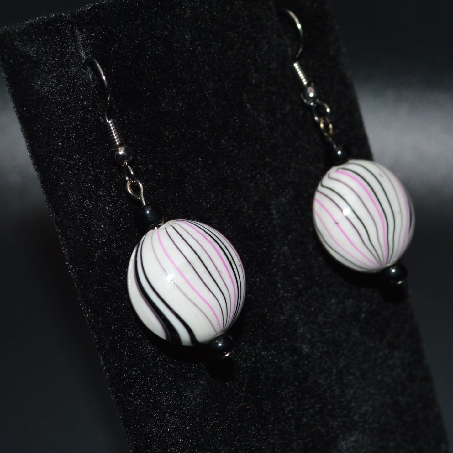 White, Pink and Black Striped Earrings