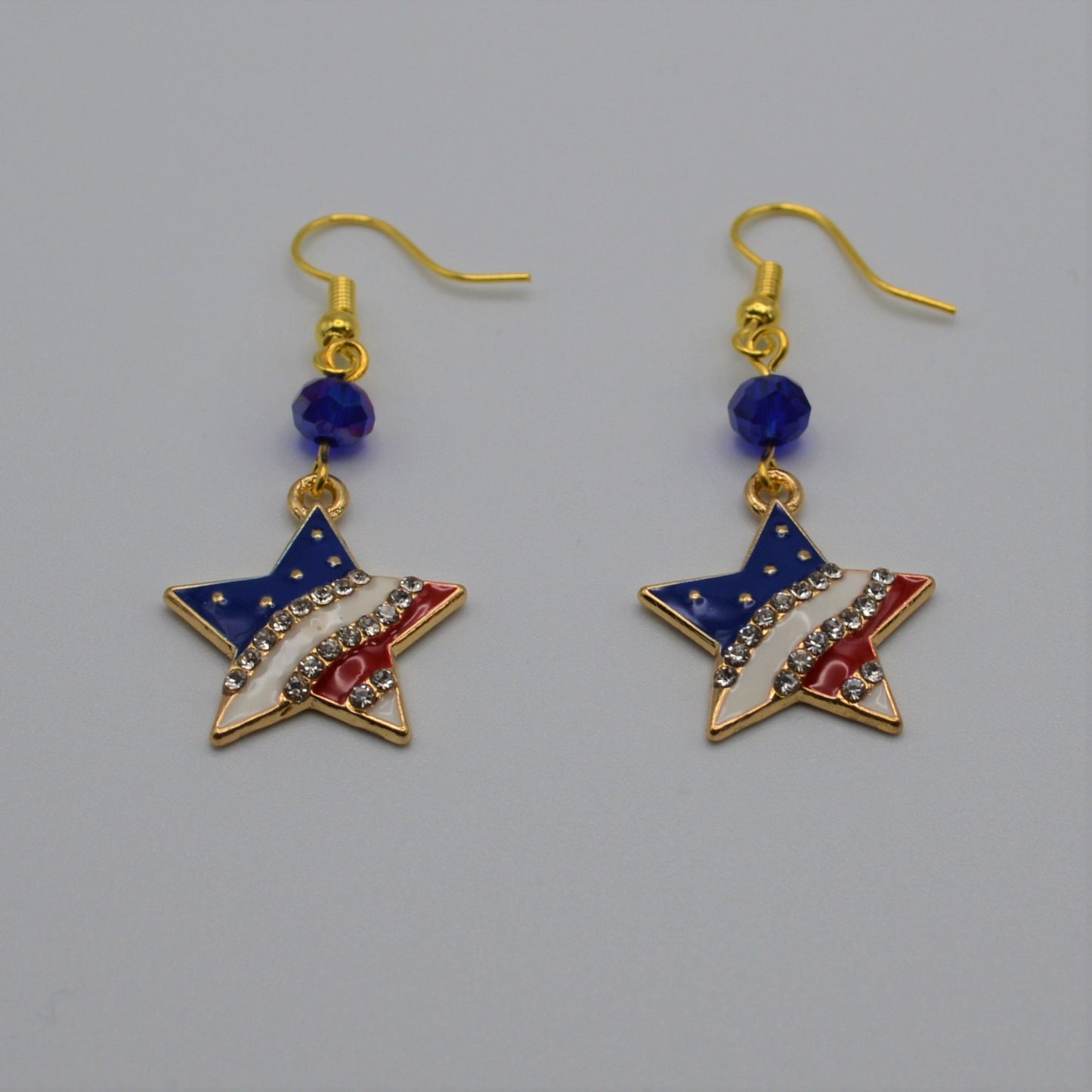 Enamel Star Flag Earrings with a Blue Crystal Bead