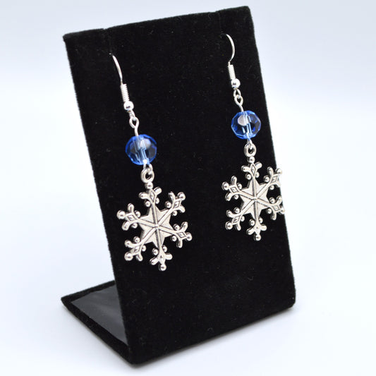 Snowflake Earrings Style 1 with Blue Crystal Beads for Winter and Christmas