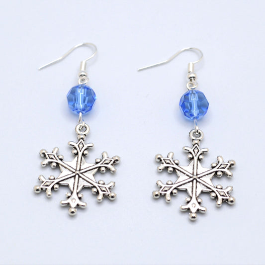 Snowflake Earrings Style 1 with Blue Crystal Beads for Winter and Christmas