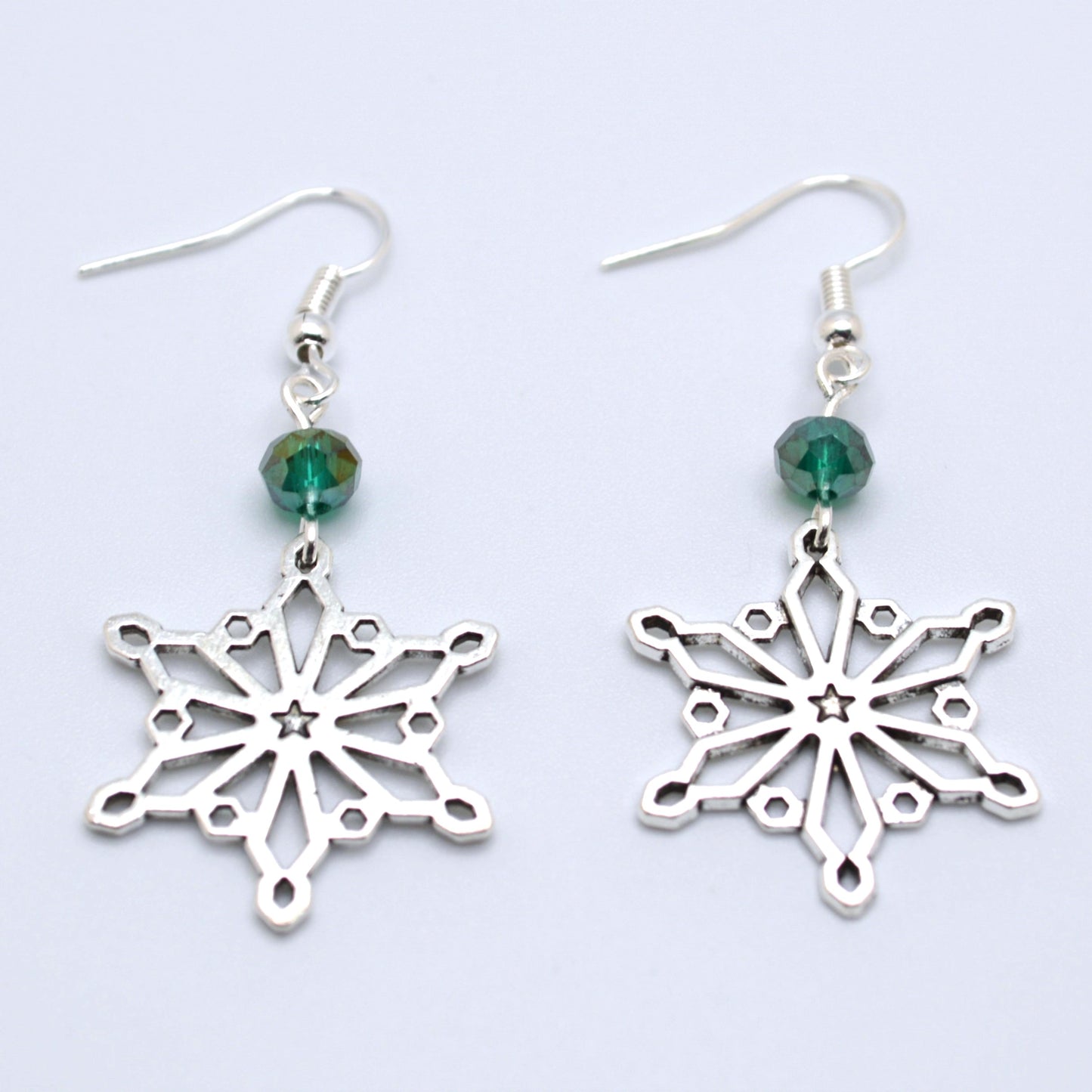 Snowflake Earrings Style 2 with Emerald Crystal Beads for Winter and Christmas