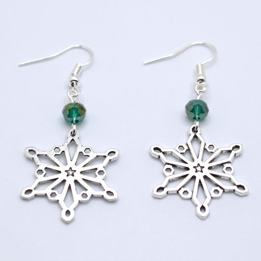 Snowflake Earrings Style 2 with Emerald Crystal Beads for Winter and Christmas
