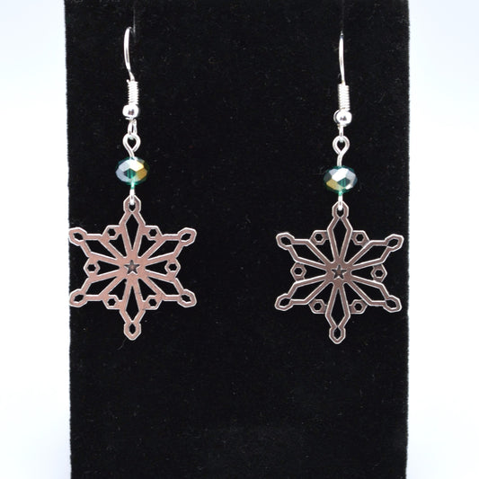 Snowflake Earrings Style 2 with Emerald Crystal Beads for Winter and Christmas