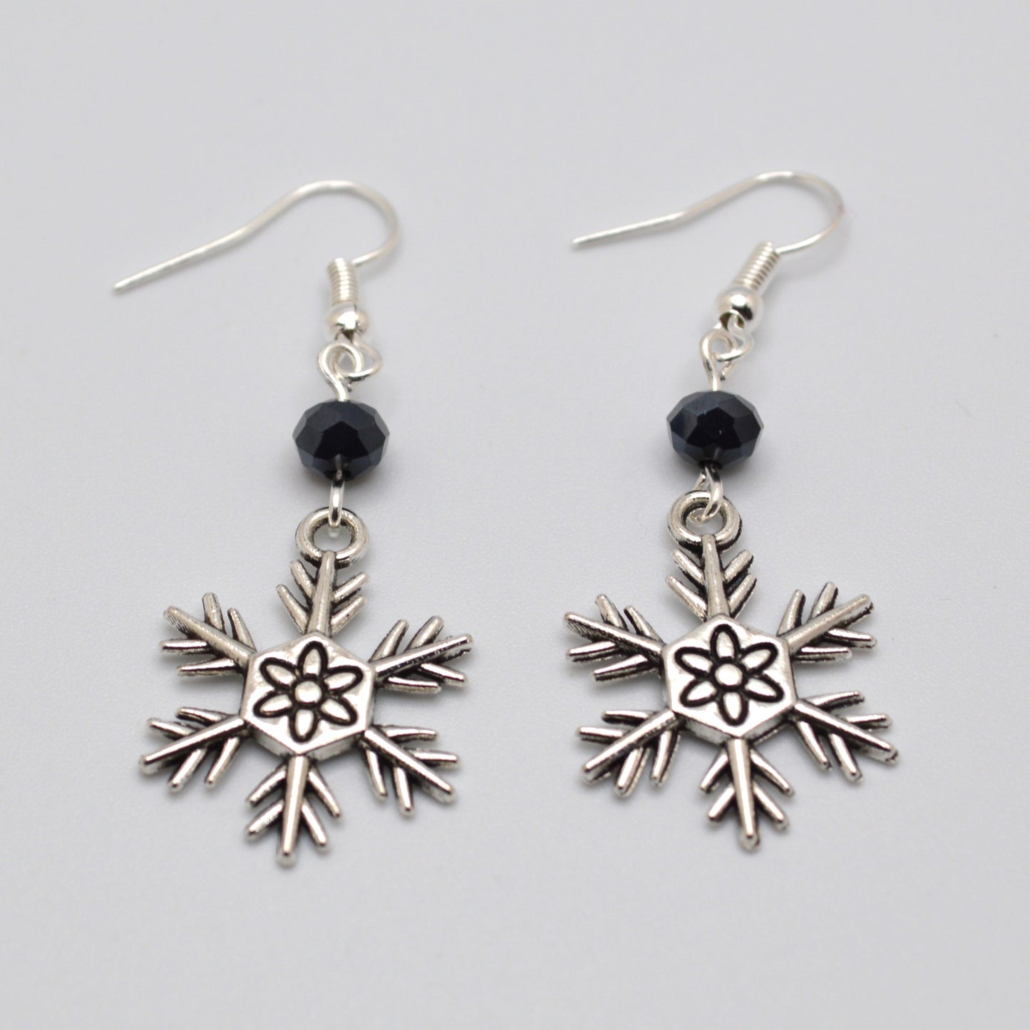 Snowflake Earrings Style 3 with Black Crystal Beads for Winter and Christmas
