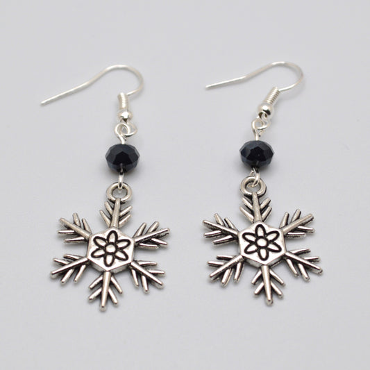 Snowflake Earrings Style 3 with Black Crystal Beads for Winter and Christmas
