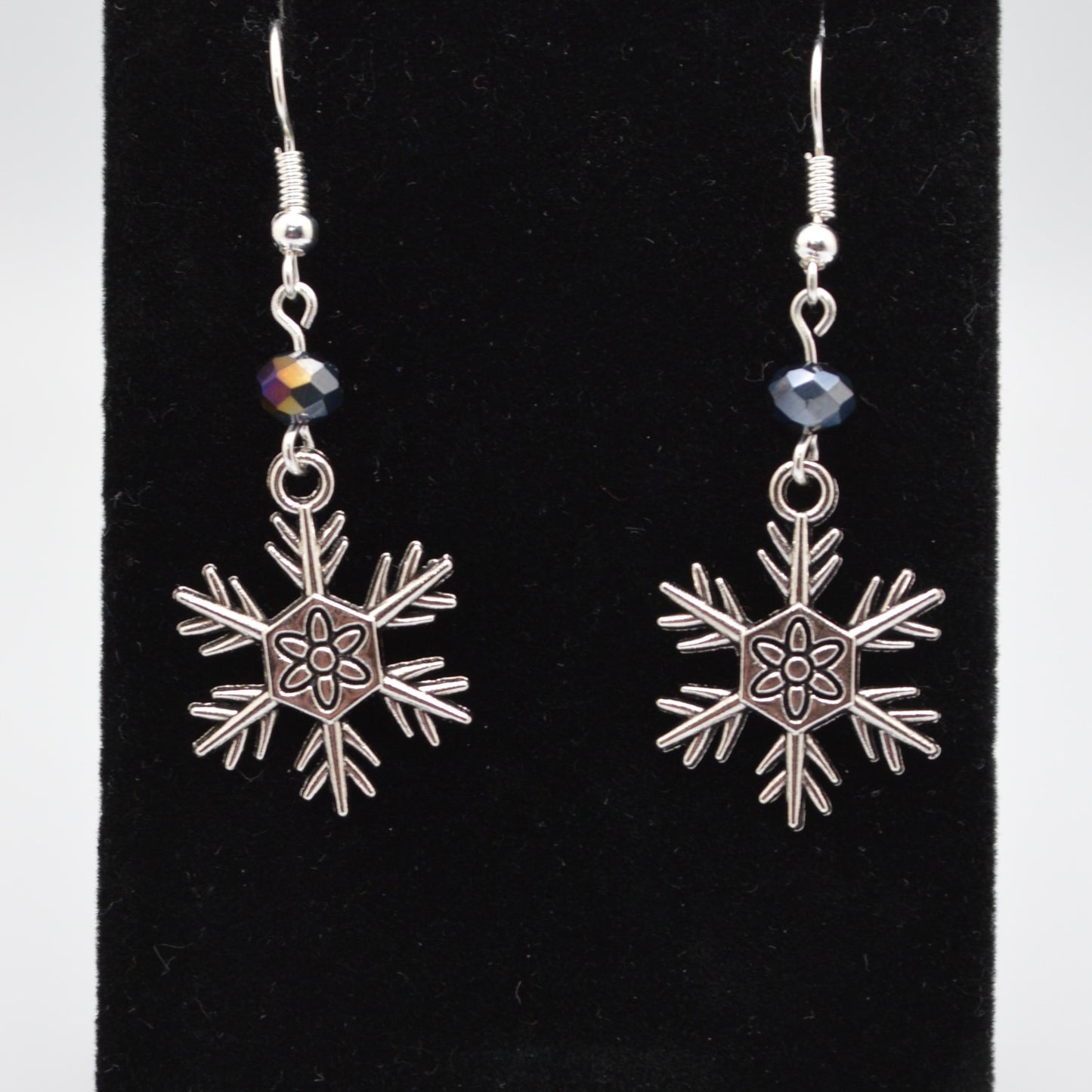 Snowflake Earrings Style 3 with Black Crystal Beads for Winter and Christmas