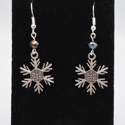 Snowflake Earrings Style 3 with Black Crystal Beads for Winter and Christmas