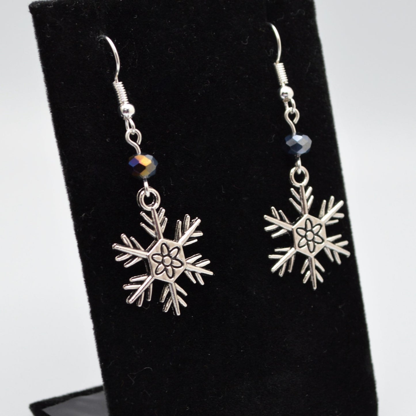 Snowflake Earrings Style 3 with Black Crystal Beads for Winter and Christmas