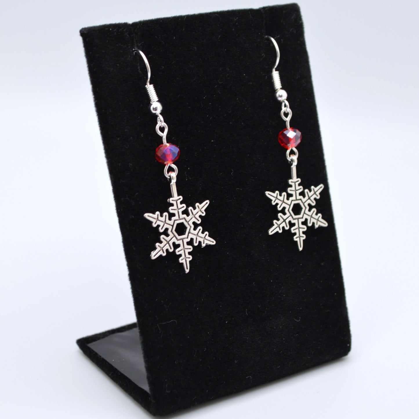 Snowflake Earrings Style 9 with Red Crystal Beads for Winter and Christmas