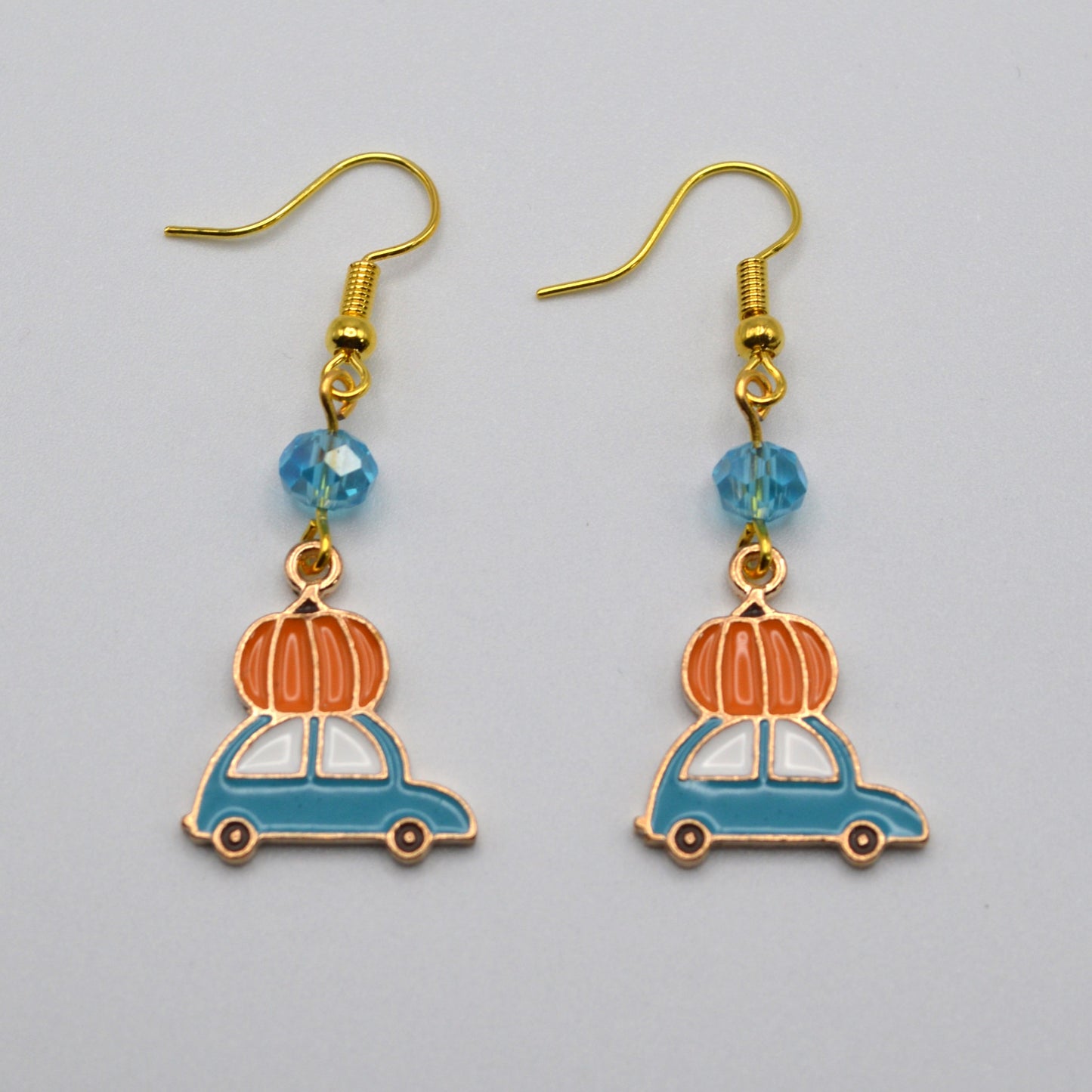 Blue Car and Pumpkin and Crystal Earrings