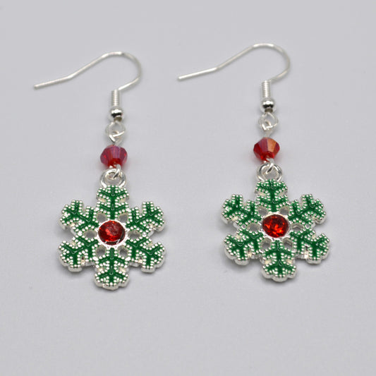 Snowflake Wreath with Red Crystals Silver Earrings