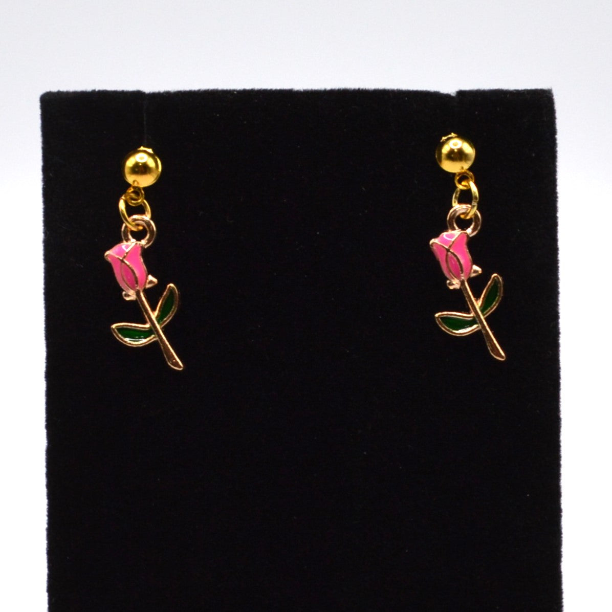 Small Pink Enameled Rose Earrings