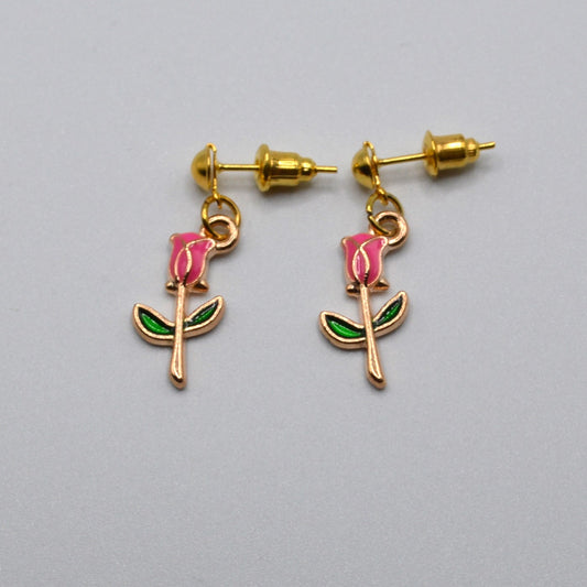Small Pink Enameled Rose Earrings