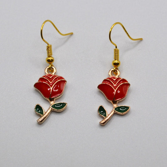 Red Rose Flower Earrings