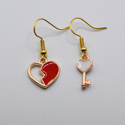 Red Heart and Key Asymmetrical Earrings
