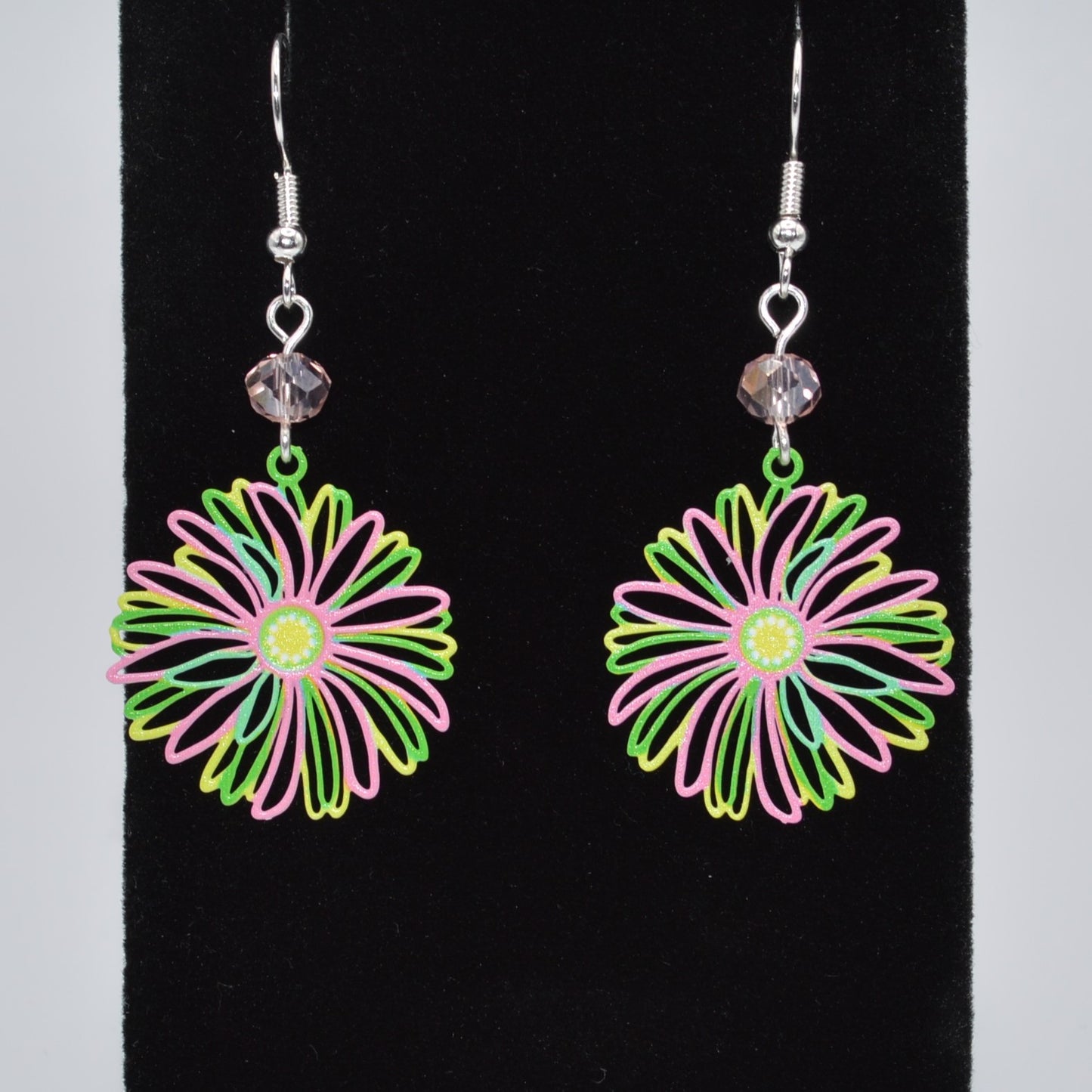 Pink, Green and Yellow Flower Earrings