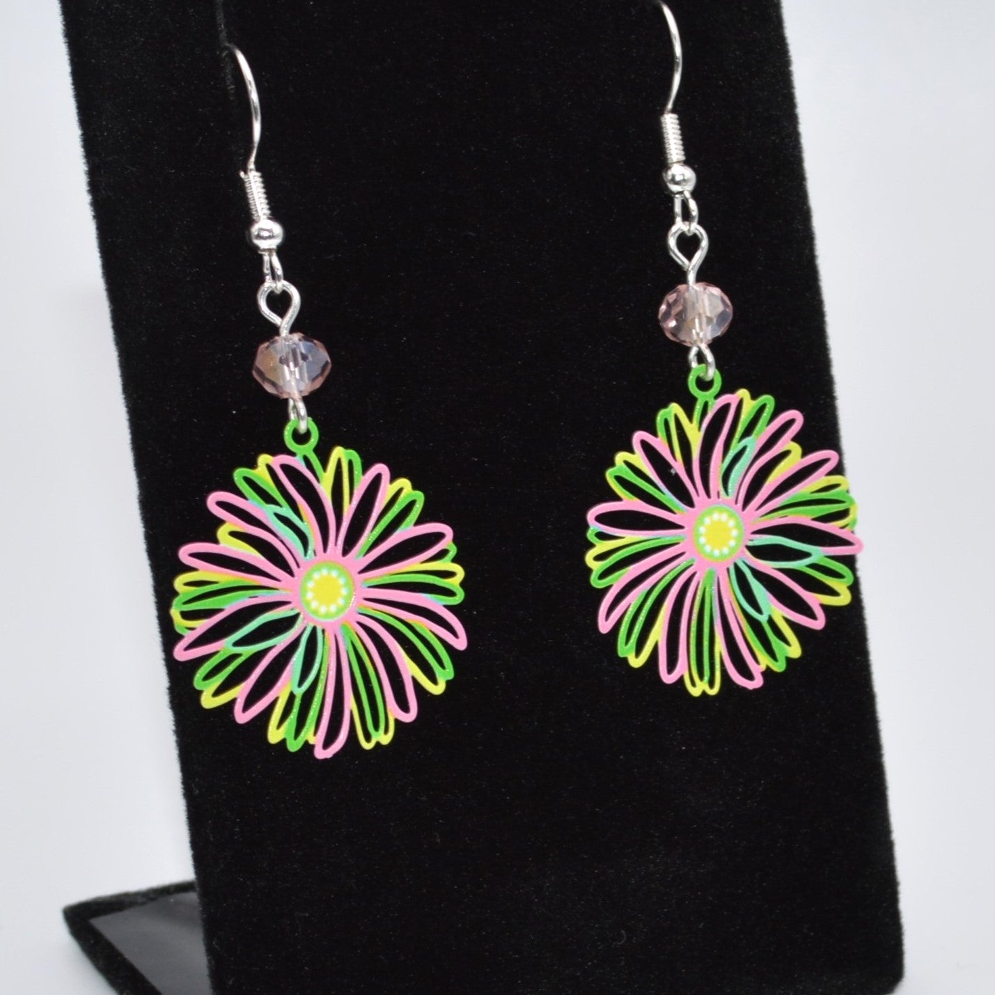 Pink, Green and Yellow Flower Earrings