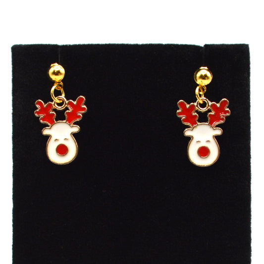 White Reindeer Head Christmas Earrings