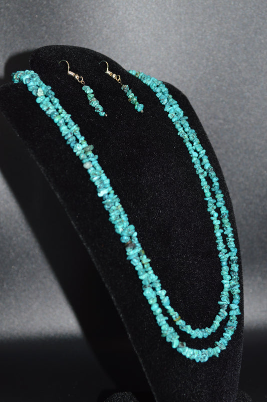 Turquoise Chips Double Stranded Necklace and Earring Set