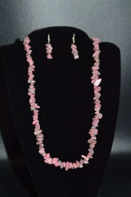 Rhodonite Chips Necklace and Earring Set (Pink)