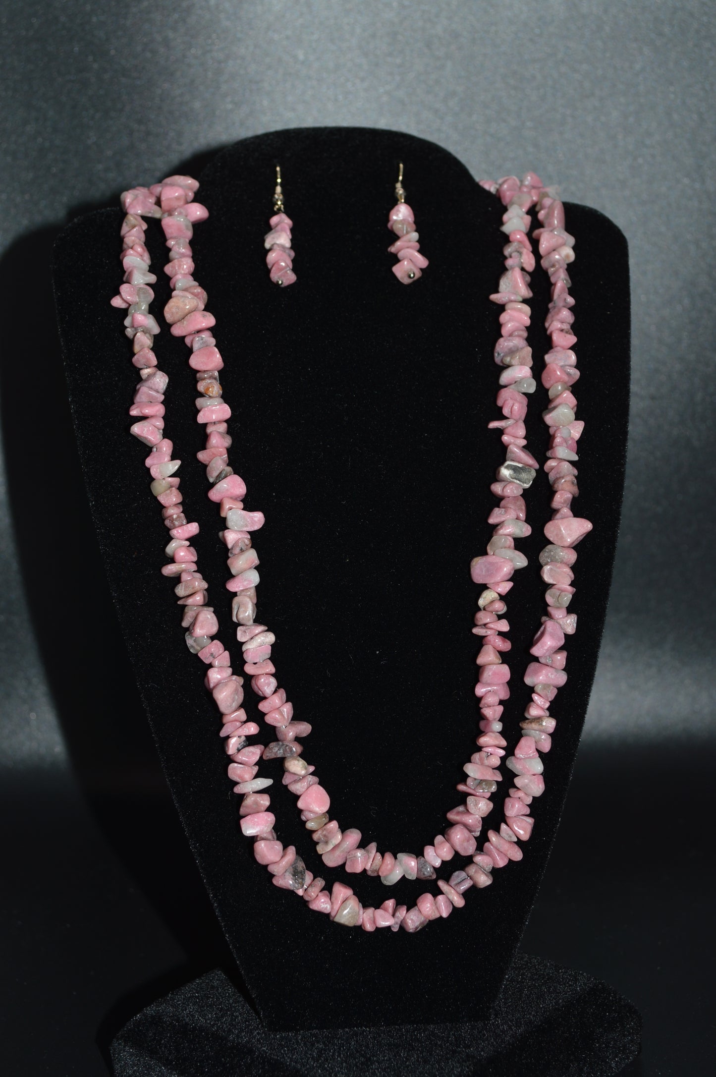 Rhodonite Chips Double Stranded Necklace and Earring Set (Pink)