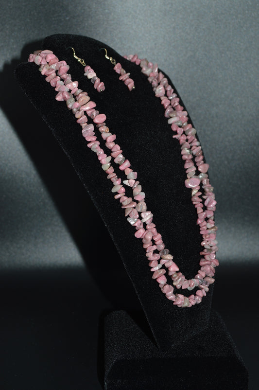 Rhodonite Chips Double Stranded Necklace and Earring Set (Pink)