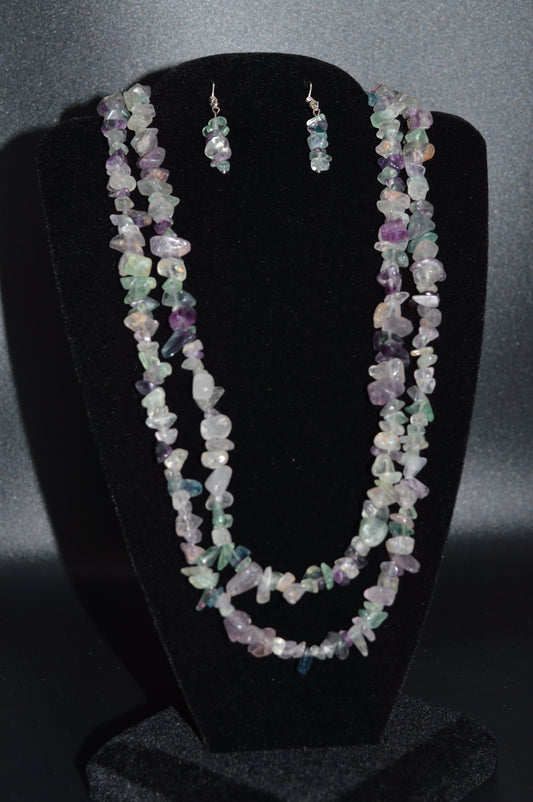 Rainbow Fluorite Chips Double Stranded Necklace and Earring Set