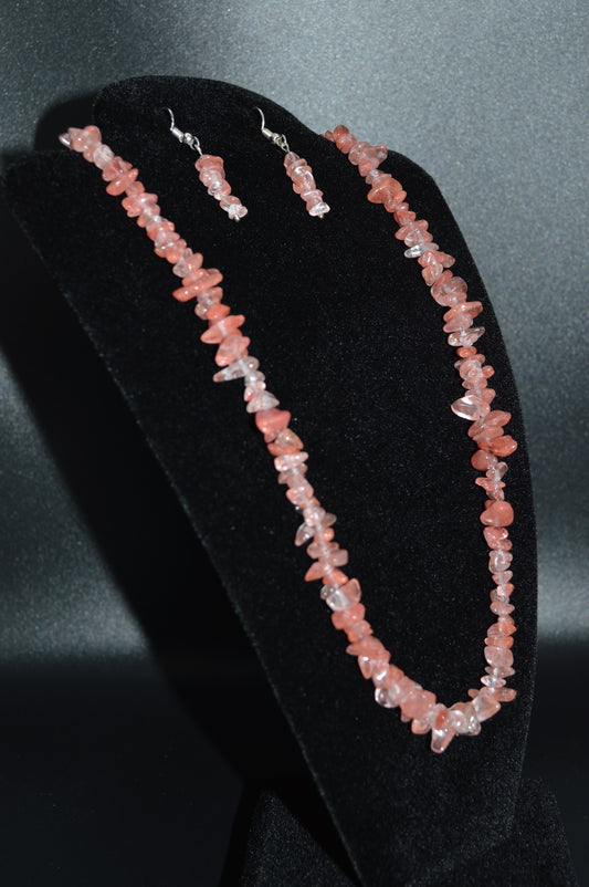 Cherry "Quartz" Glass Chips Necklace and Earring Set (Pink)