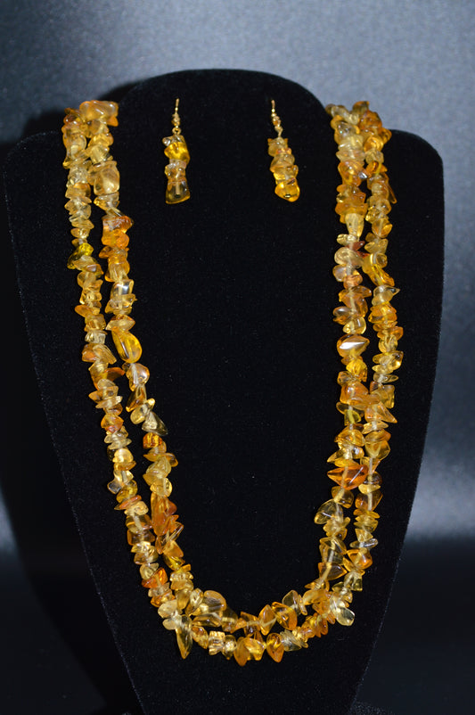 Glass Double Stranded Necklace and Earring Set (Yellow)