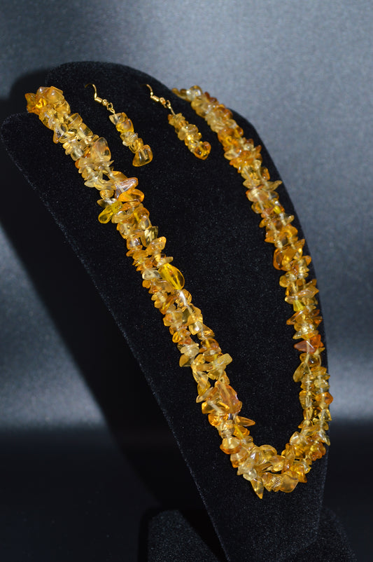 Glass Double Stranded Necklace and Earring Set (Yellow)